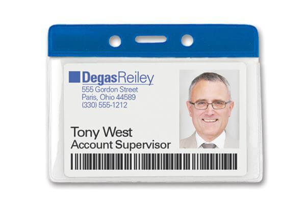Vinyl Horizontal Badge Holder with Royal Blue Color Bar 3.75" x 2.63" 406-T-RBLU - All Things Identification